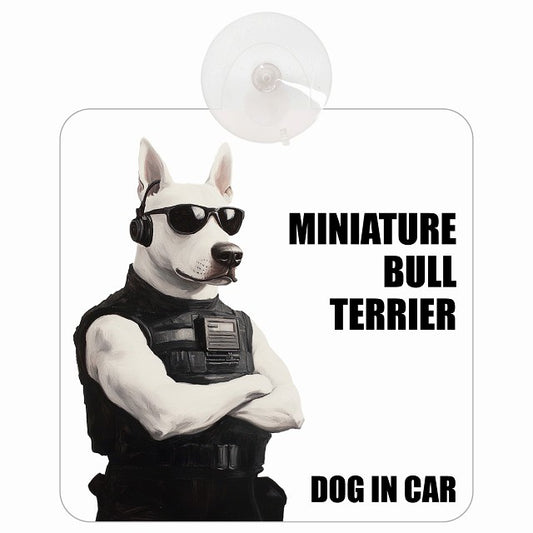 MINIATURE BULL TERRIER ミニチュアブルテリア DOG IN CAR セキュリティガード風 ちょい悪 車用吸盤付サイン 12.4x14.6cm