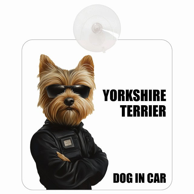 YORKSHIRE TERRIER ヨークシャテリア DOG IN CAR セキュリティガード風 ちょい悪 車用吸盤付サイン 12.4x14.6cm