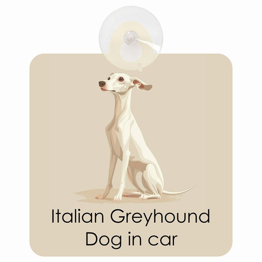 Italian Greyhound イタリアングレーハウンド DOG IN CAR パステル くすみカラー スタイル アニメ風 車用吸盤付サイン 12.4x14.6cm
