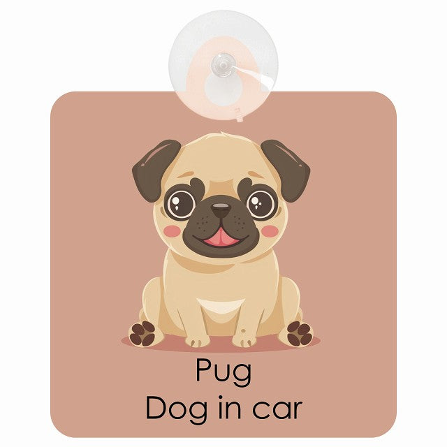 Pug パグ DOG IN CAR パステル くすみカラー スタイル アニメ風 車用吸盤付サイン 12.4x14.6cm
