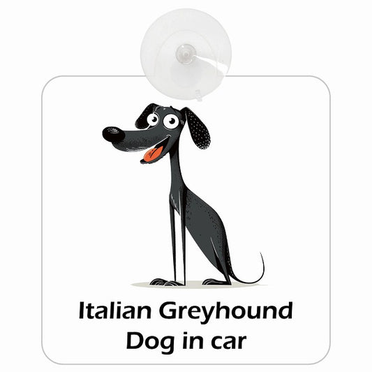 Italian Greyhound イタリアングレーハウンド DOG IN CAR アメリカン カートゥーン スタイル アニメ風 車用吸盤付サイン 12.4x14.6cm