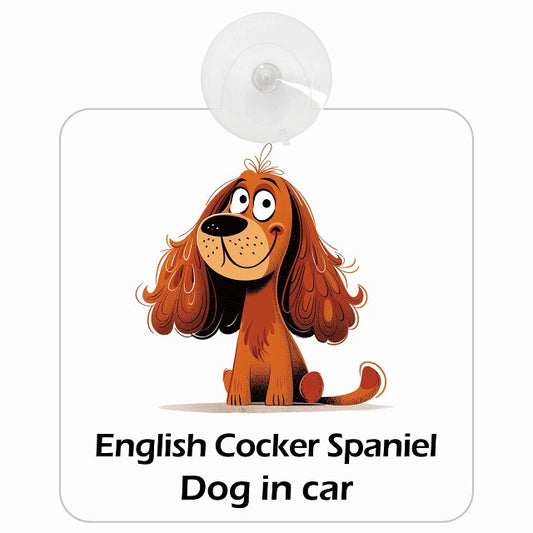 English Cocker Spaniel イングリッシュコッカースパニエル DOG IN CAR アメリカン カートゥーン スタイル アニメ風 車用吸盤付サイン 12.4x14.6cm