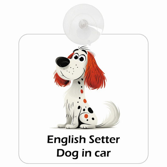English Setter イングリッシュセッター DOG IN CAR アメリカン カートゥーン スタイル アニメ風 車用吸盤付サイン 12.4x14.6cm