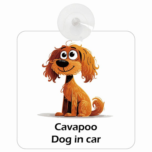 Cavapoo キャバプー DOG IN CAR アメリカン カートゥーン スタイル アニメ風 車用吸盤付サイン 12.4x14.6cm