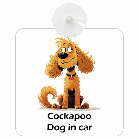 Cockapoo コッカプー DOG IN CAR アメリカン カートゥーン スタイル アニメ風 車用吸盤付サイン 12.4x14.6cm