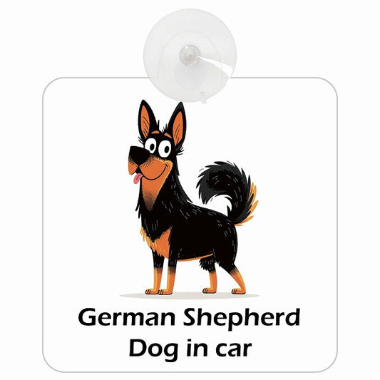 German Shepherd シェパード DOG IN CAR アメリカン カートゥーン スタイル アニメ風 車用吸盤付サイン 12.4x14.6cm