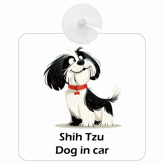 Shih Tzu シーズー DOG IN CAR アメリカン カートゥーン スタイル アニメ風 車用吸盤付サイン 12.4x14.6cm