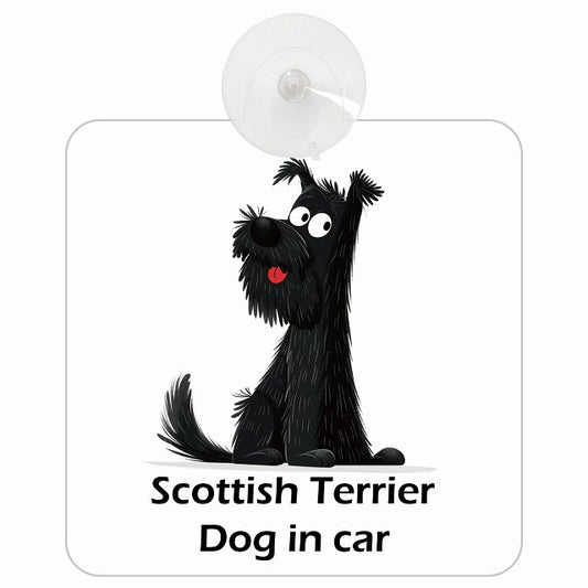 Scottish Terrier スコティッシュテリア DOG IN CAR アメリカン カートゥーン スタイル アニメ風 車用吸盤付サイン 12.4x14.6cm