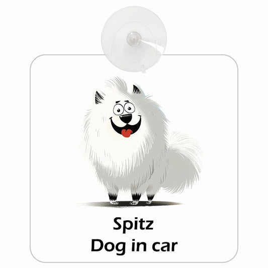 Spitz スピッツ DOG IN CAR アメリカン カートゥーン スタイル アニメ風 車用吸盤付サイン 12.4x14.6cm