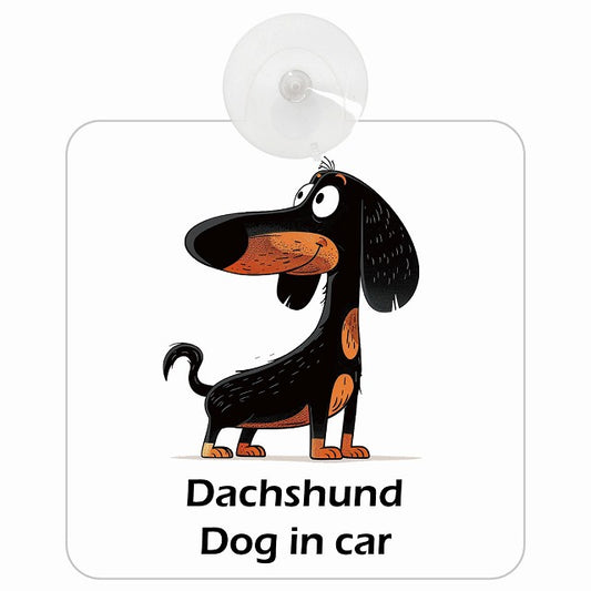 Dachshund ダックスフント DOG IN CAR アメリカン カートゥーン スタイル アニメ風 車用吸盤付サイン 12.4x14.6cm