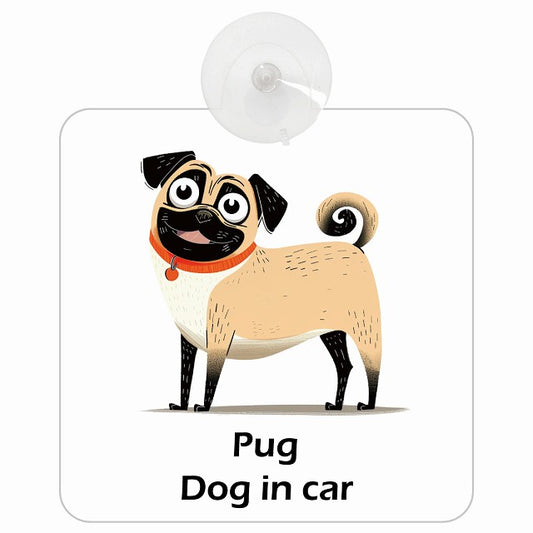 Pug パグ DOG IN CAR アメリカン カートゥーン スタイル アニメ風 車用吸盤付サイン 12.4x14.6cm