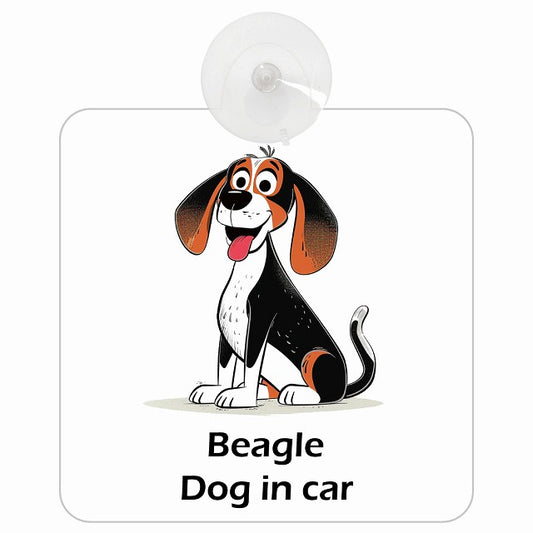 Beagle ビーグル DOG IN CAR アメリカン カートゥーン スタイル アニメ風 車用吸盤付サイン 12.4x14.6cm