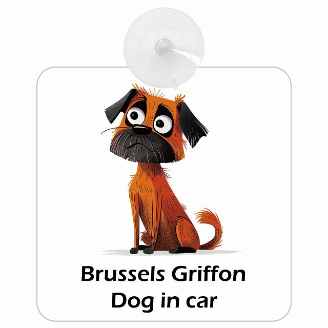 Brussels Griffon ブリュッセル・グリフォン DOG IN CAR アメリカン カートゥーン スタイル アニメ風 車用吸盤付サイン 12.4x14.6cm
