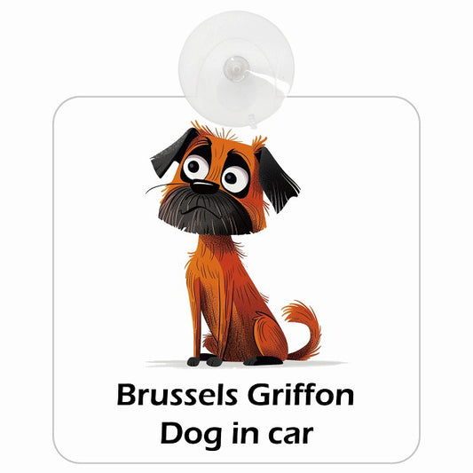 Brussels Griffon ブリュッセル・グリフォン DOG IN CAR アメリカン カートゥーン スタイル アニメ風 車用吸盤付サイン 12.4x14.6cm