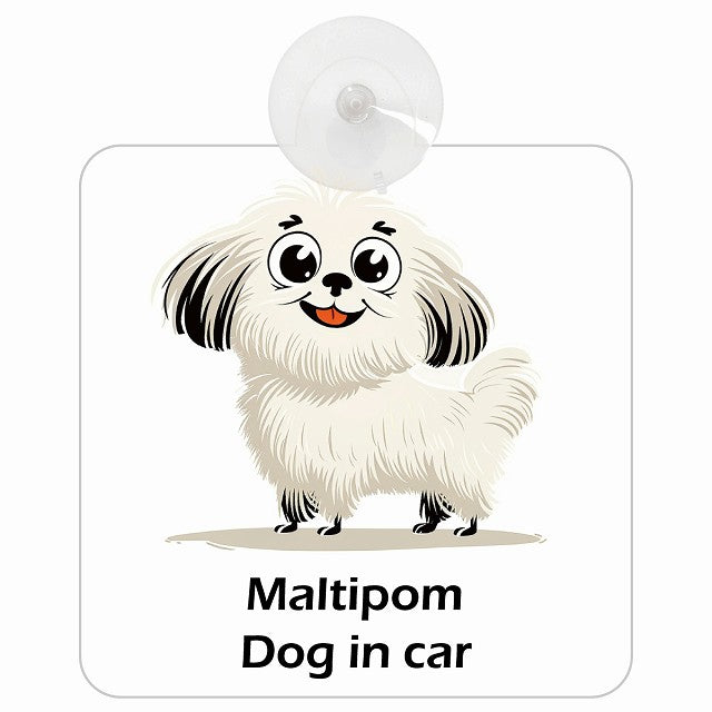 Maltipom ポメマル DOG IN CAR アメリカン カートゥーン スタイル アニメ風 車用吸盤付サイン 12.4x14.6cm