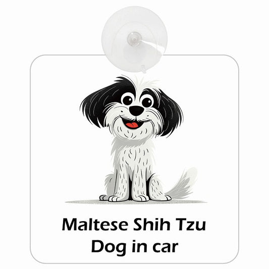 Maltese Shih Tzu マルシーズー DOG IN CAR アメリカン カートゥーン スタイル アニメ風 車用吸盤付サイン 12.4x14.6cm
