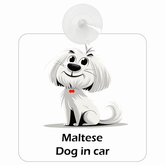 Maltese マルチーズ DOG IN CAR アメリカン カートゥーン スタイル アニメ風 車用吸盤付サイン 12.4x14.6cm
