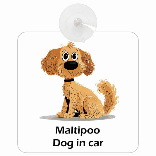 Maltipoo マルプー DOG IN CAR アメリカン カートゥーン スタイル アニメ風 車用吸盤付サイン 12.4x14.6cm