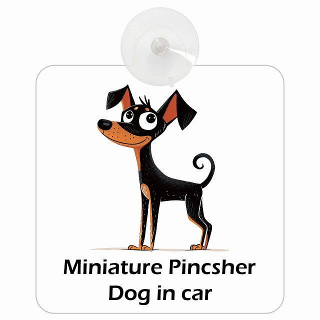 Miniature Pincsher ミニチュアピンシャー DOG IN CAR アメリカン カートゥーン スタイル アニメ風 車用吸盤付サイン 12.4x14.6cm