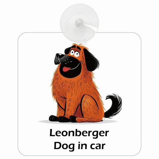 Leonberger レオンベルガー DOG IN CAR アメリカン カートゥーン スタイル アニメ風 車用吸盤付サイン 12.4x14.6cm