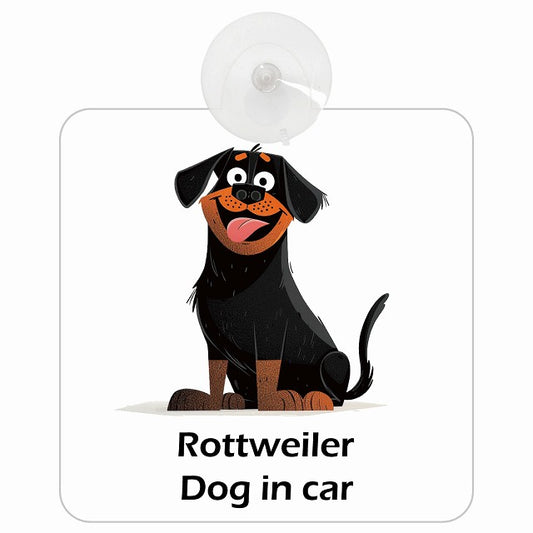 Rottweiler ロットワイラー DOG IN CAR アメリカン カートゥーン スタイル アニメ風 車用吸盤付サイン 12.4x14.6cm