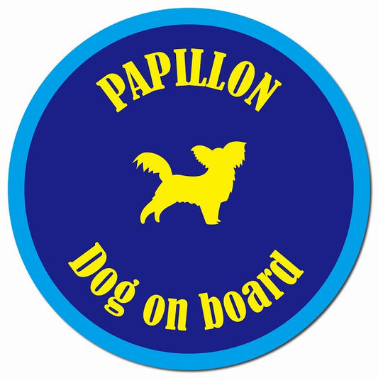 カラフル Dog on board パピヨン ネイビー＆ブルー マグネット 車用 直径13cm 丸型 カーマグネット