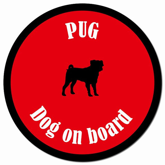 カラフル Dog on board パグ レッド＆ブラック マグネット 車用 直径13cm 丸型 カーマグネット
