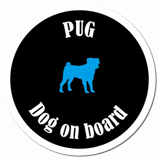 カラフル Dog on board パグ ブラック＆ホワイト マグネット 車用 直径13cm 丸型 カーマグネット