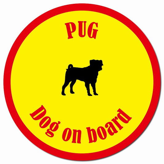 カラフル Dog on board パグ イエロー＆レッド マグネット 車用 直径13cm 丸型 カーマグネット
