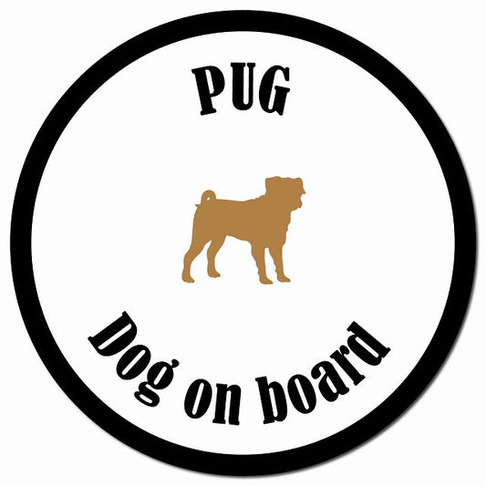 カラフル Dog on board パグ ホワイト＆ブラック マグネット 車用 直径13cm 丸型 カーマグネット