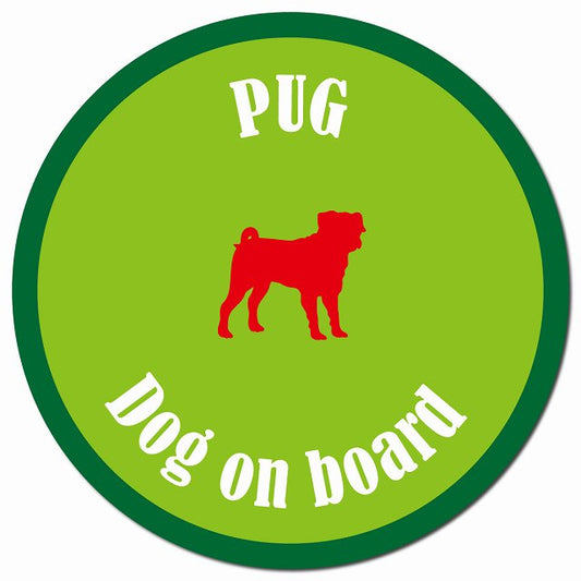 カラフル Dog on board パグ ライトグリーン＆グリーン マグネット 車用 直径13cm 丸型 カーマグネット