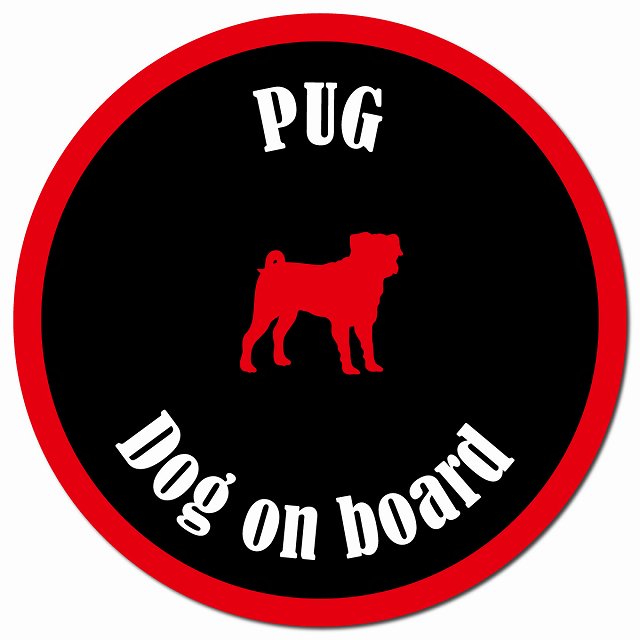 カラフル Dog on board パグ ブラック＆レッド マグネット 車用 直径13cm 丸型 カーマグネット