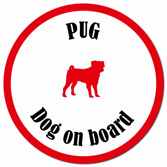 カラフル Dog on board パグ ホワイト＆レッド マグネット 車用 直径13cm 丸型 カーマグネット