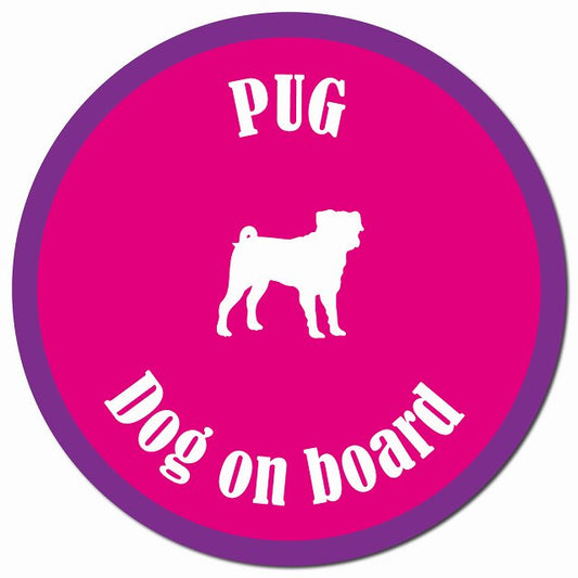 カラフル Dog on board パグ ピンク＆パープル マグネット 車用 直径13cm 丸型 カーマグネット