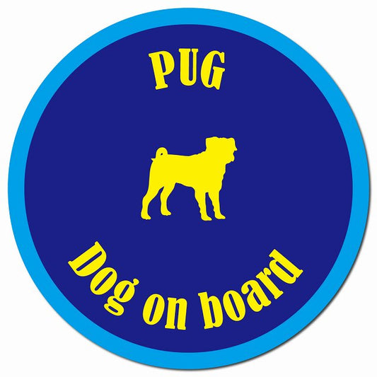 カラフル Dog on board パグ ネイビー＆ブルー マグネット 車用 直径13cm 丸型 カーマグネット
