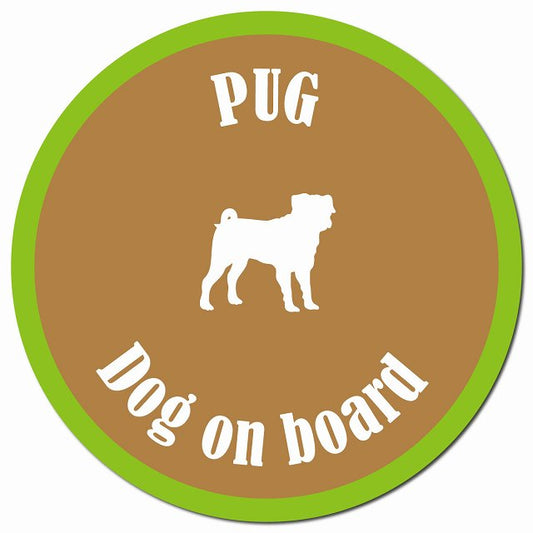 カラフル Dog on board パグ ブラウン＆グリーン マグネット 車用 直径13cm 丸型 カーマグネット