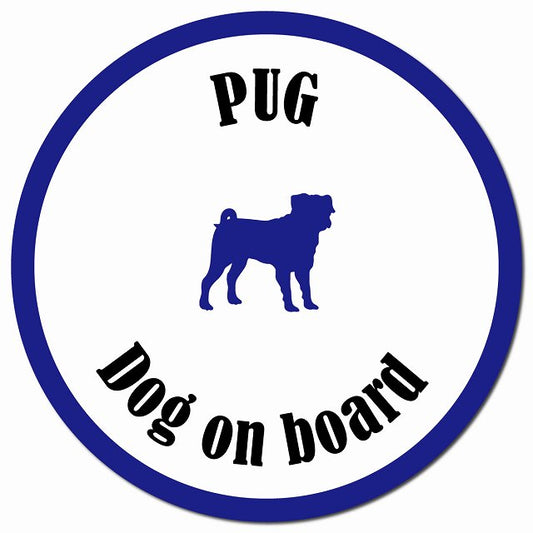 カラフル Dog on board パグ ホワイト＆ネイビー マグネット 車用 直径13cm 丸型 カーマグネット