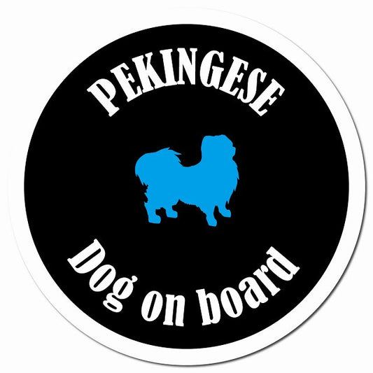 カラフル Dog on board ペキニーズ ブラック＆ホワイト マグネット 車用 直径13cm 丸型 カーマグネット