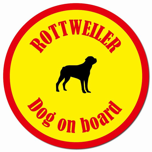 カラフル Dog on board ロットワイラー イエロー＆レッド マグネット 車用 直径13cm 丸型 カーマグネット
