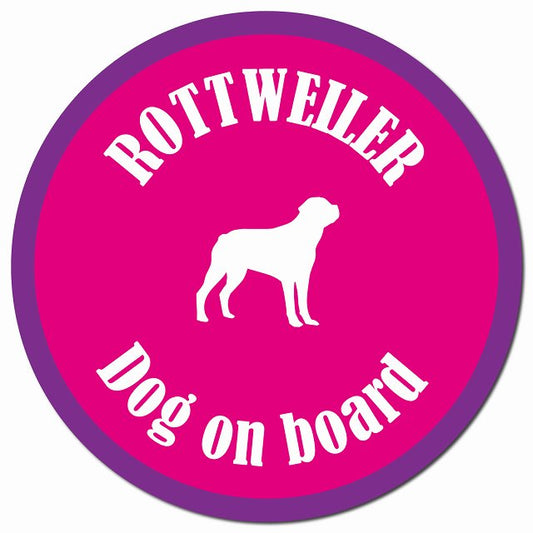 カラフル Dog on board ロットワイラー ピンク＆パープル マグネット 車用 直径13cm 丸型 カーマグネット