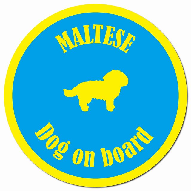 カラフル Dog on board マルチーズ ブルー＆イエロー マグネット 車用 直径13cm 丸型 カーマグネット
