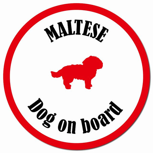 カラフル Dog on board マルチーズ ホワイト＆レッド マグネット 車用 直径13cm 丸型 カーマグネット