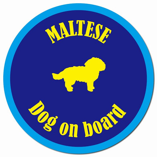 カラフル Dog on board マルチーズ ネイビー＆ブルー マグネット 車用 直径13cm 丸型 カーマグネット