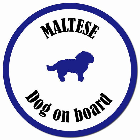 カラフル Dog on board マルチーズ ホワイト＆ネイビー マグネット 車用 直径13cm 丸型 カーマグネット