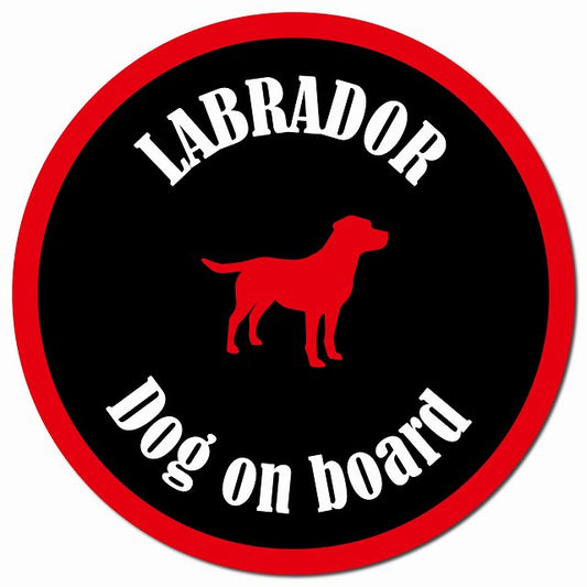 カラフル Dog on board ラブラドール ブラック＆レッド マグネット 車用 直径13cm 丸型 カーマグネット