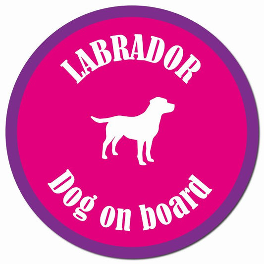 カラフル Dog on board ラブラドール ピンク＆パープル マグネット 車用 直径13cm 丸型 カーマグネット