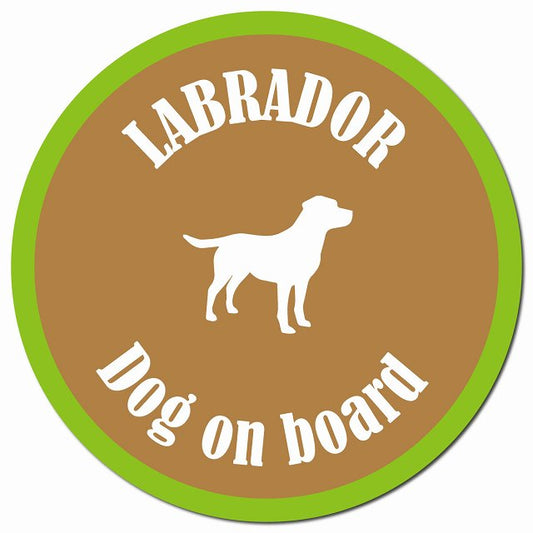 カラフル Dog on board ラブラドール ブラウン＆グリーン マグネット 車用 直径13cm 丸型 カーマグネット