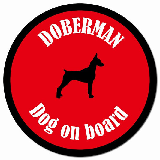 カラフル Dog on board ドーベルマン レッド＆ブラック マグネット 車用 直径13cm 丸型 カーマグネット