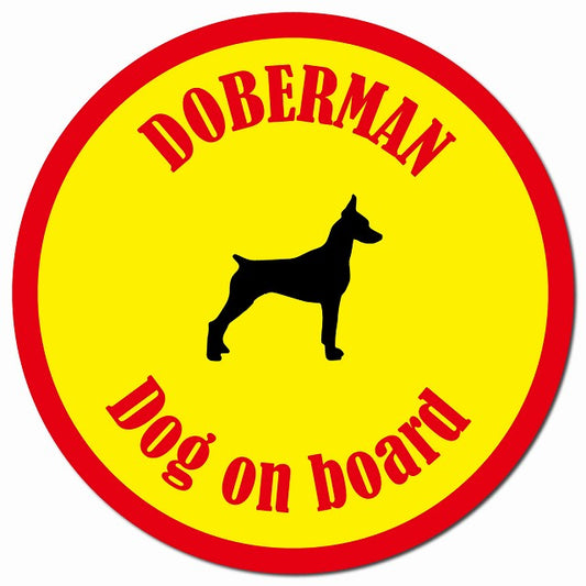 カラフル Dog on board ドーベルマン イエロー＆レッド マグネット 車用 直径13cm 丸型 カーマグネット