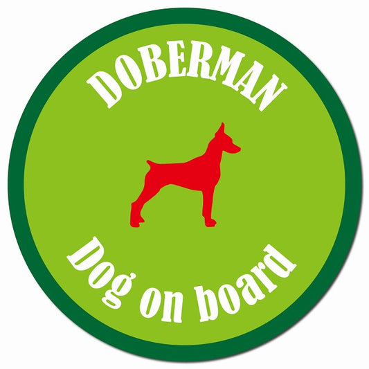カラフル Dog on board ドーベルマン ライトグリーン＆グリーン マグネット 車用 直径13cm 丸型 カーマグネット
